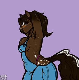 anthro armpit_hair biped bodily_fluids body_hair breast_squish breasts brown_hair clothed clothing curly_hair female female_anthro hair hands_behind_head lidded_eyes lips looking_at_viewer markings no_bra overalls parted_lips presenting_armpit raised_arm raised_arms side_boob side_view simple_background solo spots spotted_body squish sweat sweaty_armpit tail text thong thong_straps underwear sammehchub equid equine horse mammal artist_name hi_res