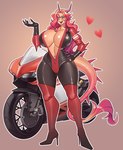 anthro boots camel_toe clothing ear_fins fangs female fin footwear gradient_hair green_eyes hair heart_symbol high_heeled_boots high_heels horn legwear motorcycle one_piece_suit orange_body orange_hair pupils sharp_teeth shoes slit_pupils solo tail teeth thigh_boots thigh_highs vehicle nauth mythology fan_character sunflare_(darkstar239) dragon equid equine hybrid mammal mythological_creature mythological_scalie scalie absurd_res hi_res