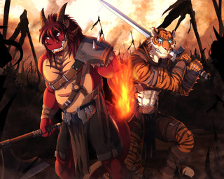 abs anthro armor athletic axe banner battle_axe belt biceps blue_eyes bottomwear clothed clothing countershading duo facial_hair facial_piercing fangs fire fur glowing glowing_eyes hair horn leather leather_armor loincloth male melee_weapon muscular nose_piercing orange_body orange_fur orange_sky pauldron pecs piercing shorts sky spiked_armor spikes striped_body striped_fur stripes sword tail teeth topless weapon white_body white_fur wraps dream_and_nightmare mythology fileossur night_(dream_and_nightmare) dragon felid mammal mythological_creature mythological_scalie pantherine reptile scalie tiger 5:4