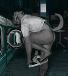 anthro appliance black_nose briefs butt clothed clothing folded_ears fur grey_body grey_fur laundromat laundry laundry_machine male pantless_anthro pantsless pantsless_male partially_clothed shirt solo topwear underwear underwear_down undressing undressing_self mokejumps canid canine canis domestic_dog mammal hi_res