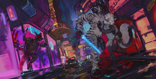 animal_genitalia animal_penis anthro balls bared_teeth black_balls black_body black_fur black_hair black_penis bottle car casual_nudity clothed clothed/nude clothing container cyberpunk dreadlocks dutch_angle equine_genitalia equine_penis erection femboy fur genitals group gun hair hand_on_butt handgun holding_bottle holding_container holding_melee_weapon holding_object holding_sword holding_weapon holster holster_only holstered_pistol hooves humanoid_genitalia humanoid_penis laser_sword male male_anthro medial_ring melee_weapon neon neon_lights neon_sign night nude open_mouth outside penis pistol public public_nudity raining ranged_weapon reflection sign social_nudity striped_arms striped_legs sword urban vehicle weapon white_body white_fur white_hair white_penis oselotti 31_minutos dixy_(dixyskunk) juan_carlos_bodoque tre_(dixyskunk) equid equine lagomorph leporid mammal mephitid rabbit skunk zebra absurd_res hi_res