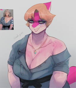 abstract_background anthro big_breasts big_tail blonde_hair blue_clothing blue_dress bone_frill breasts cleavage clothed clothing cosplay dress elderly elderly_anthro elderly_female eyelashes eyewear female freckles frill_(anatomy) glasses hair jewelry looking_at_viewer mature_anthro mature_female multicolored_body multicolored_scales necklace off_shoulder photo_reference pink_body pink_scales scales short_hair smile solo tail teal_eyes text two_tone_body two_tone_scales white_body white_scales deadassspider cavemanon_studios snoot_game cassandra_(snoot_game) jamie_lee_curtis dinosaur hadrosaurid ornithischian ornithopod parasaurolophus prehistoric_species reptile scalie 2025 absurd_res artist_name digital_drawing_(artwork) digital_media_(artwork) hi_res reference_image signature
