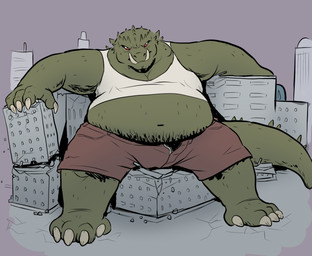 anthro belly big_belly bottomwear building building_destruction city city_destruction clothing destruction fangs green_body macro male overweight overweight_male pants red_eyes shirt solo tank_top teeth topwear beepbeepster kaiju monster reptile scalie hi_res