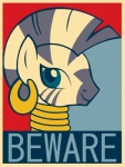 beware collar ear_piercing female feral looking_at_viewer mane obey piercing poster poster_template solo stripes text equestria-election barack_obama_"hope"_poster friendship_is_magic hasbro my_little_pony zecora_(mlp) equid equine mammal zebra english_text hi_res