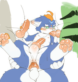 anal anal_penetration animal_genitalia animal_penis anthro blue_body blue_fur blush bodily_fluids canine_genitalia canine_penis chest_tuft countershading faceless_character fellatio fur genital_fluids genitals green_body green_eyes green_fur group group_sex kemono knot knotted_penis leaking_precum lying male male/male nipples on_back oral pawpads penetration penile penile_penetration penis penis_in_ass penis_in_mouth precum sex simple_background striped_body striped_fur stripes tuft white_background young young_anthro young_male hauhau_mg production_taiikukan jippo_(jippo_wolf) lion_(fw_rion) nox_(noxbluewolf) olive_(olive_kemono) canid canine fox mammal 2026 absurd_res hi_res