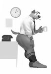 anthro big_nose bottomless canid canine canis cigarette clock clothed clothing container cup desk digital_media_(artwork) domestic_dog dress_shirt electronics floppy_ears footwear furniture grin head_tuft hi_res landline_phone looking_back male mammal mezcal_(artist) monochrome muscular muscular_anthro muscular_legs muscular_male muscular_thighs necktie office pantsless partially_clothed phone rotary_phone shirt shoes sitting smile smoking socks solo table thick_thighs topwear tuft watch wristwatch