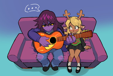 4_fingers 5_fingers acoustic_guitar anthro antlers black_bottomwear black_clothing black_footwear black_shirt black_shoes black_skirt black_topwear blonde_hair blue_clothing blue_jacket blue_topwear bottomwear brown_body buckteeth checkered checkered_clothing checkered_sweater checkered_topwear clothed clothing denim denim_bottomwear denim_clothing duo ellipsis eyelashes female fingers footwear front_view fur furniture gradient_background guitar hair high-angle_view holding_guitar holding_musical_instrument holding_object horn jacket jeans long_hair looking_at_another musical_instrument non-mammal_hair on_sofa pants pattern_clothing pattern_sweater pattern_topwear plucked_string_instrument purple_body purple_sofa red_nose shirt side_by_side simple_background sitting sitting_on_sofa skirt smile sofa speech_bubble spoken_ellipsis string_instrument sweater sweater_vest teeth tomboy topwear torn_bottomwear torn_clothing torn_jeans torn_pants vest white_clothing white_shirt white_topwear yellow_sclera fawken deltarune undertale_(series) noelle_holiday susie_(deltarune) deer mammal new_world_deer reindeer reptile scalie digital_media_(artwork)