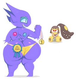 ambiguous_gender annoyed big_butt bikini black_body bottom_heavy butt clothed clothing duo female gem_eyes huge_butt medal purple_body rear_view red_eyes sharp_teeth simple_background sitting smile smug swimwear teeth thick_thighs topless two-piece_swimsuit white_background wide_hips yellow_bikini yellow_body yellow_clothing yellow_swimwear pincparti nintendo pokemon generation_3_pokemon humanoid mawile pokemon_(species) sableye hi_res