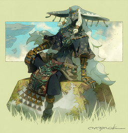 3_eyes anklet anthro bracelet clothing collar dark_body dark_fur ear_piercing ear_ring exposed_belly facial_markings fur grass hair head_markings horn jewelry long_hair male markings multi_eye necklace on_rock piercing plant ring ring_piercing robe rock sitting sitting_on_rock sky skyscape solo white_hair ovopack nintendo tears_of_the_kingdom the_legend_of_zelda rauru_(tears_of_the_kingdom) zonai hi_res