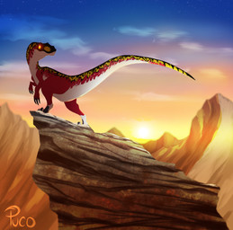 ambiguous_gender black_claws black_markings claws feral long_tail markings multicolored_body outside red_body rock sky snout solo standing tail white_body yellow_eyes yellow_markings puco2000 dinosaur dromaeosaurid prehistoric_species reptile saurischian scalie theropod 2022 absurd_res colored digital_drawing_(artwork) digital_media_(artwork) hi_res shaded