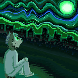 anthro city cityscape clothing grass green_sky grey_clothing grey_shirt grey_topwear male outside plant shirt sky solo topwear demensa felid feline mammal 2020 digital_media_(artwork) green_theme pixel_(artwork)