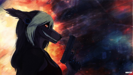 abstract_background anthro black_clothing black_hair black_topwear blonde_hair clothed clothing ear_piercing female gauged_ear grey_body gun hair handgun holding_gun holding_handgun holding_object holding_ranged_weapon holding_weapon light_hair looking_at_viewer multicolored_hair piercing pistol ranged_weapon red_eyes sharp_teeth side_view solo teeth text topwear two_tone_hair weapon unknowhiter glock canid mammal 2015 artist_name bust_portrait portrait