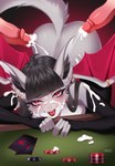 anthro black_hair bodily_fluids cum cum_on_body cum_on_face ear_piercing ejaculation fangs female gambling genital_fluids hair piercing poker red_eyes teeth wings iyako artemis_(plaguedwolf) bat mammal hi_res