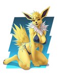 2024 4_toes 5_fingers amber_eyes anthro anthrofied bikini breasts clothed clothing digital_media_(artwork) eeveelution eyelashes feet female fingers fur generation_1_pokemon hi_res jolteon kneeling looking_at_viewer neck_tuft nintendo open_mouth pawpads paws pokemon pokemon_(species) pokemorph simple_background solo swimwear text toes tuft url wyla yellow_body yellow_fur