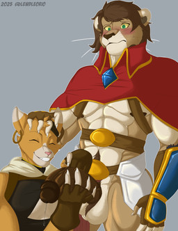 abs anthro armor balls blush bodily_fluids bottomwear bottomwear_aside clothed clothing clothing_aside duo ear_piercing ear_ring erection eyes_always_closed eyes_closed fur gauntlets genital_fluids genitals gloves hair half-erect handwear harness holding_head holding_penis humanoid_genitalia humanoid_penis loincloth loincloth_aside male muscular muscular_anthro muscular_male nipples penis piercing precum ring_piercing robe simple_background skimpy smile teeth unconvincing_armor klr-rio la'an oliver_(klr-rio) domestic_cat felid feline felis lion mammal pantherine absurd_res hi_res