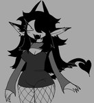 breasts cleavage clothed clothing eyelashes fangs female fingers fishnet_clothing fishnet_legwear front_view grey_background hair hair_over_eye legwear long_hair looking_at_viewer not_furry open_mouth open_smile pointy_ears shirt simple_background smile solo spade_tail standing tail teeth topwear kaijugrill demon demon_humanoid humanoid tailed_humanoid 2025 digital_media_(artwork) greyscale monochrome portrait sketch three-quarter_portrait