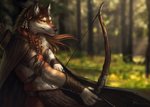 5_fingers anthro black_nose blue_eyes blurred_background bow_(weapon) brown_body brown_fur day detailed_background ear_piercing ear_ring fingers forest fur grass grin holding_bow_(weapon) holding_object holding_ranged_weapon holding_weapon looking_at_viewer male outside piercing plant ranged_weapon ring_piercing smile solo tree weapon yasmil miles_(miles-wolf) canid canine canis mammal wolf 2020 digital_media_(artwork)