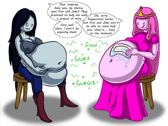 belly black_hair breasts cleavage clothed clothing crown duo female female_pred food food_hair grey_body grey_skin hair hand_on_belly headgear long_hair not_furry pink_body pink_hair pink_skin princess pseudo_hair royalty text tongue torn_clothing vore beanystalk adventure_time cartoon_network finn_the_human marceline_abadeer princess_bubblegum humanoid vampire 4:3 english_text