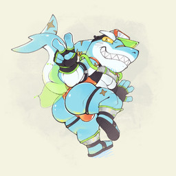 anthro big_butt blue_body butt chibi clothing fingerless_gloves footwear gesture gloves green_eyes grin hand_gesture handwear hat headgear headwear male sandals scar shoes smile solo speedo swimwear v_sign visor_cap 7thmeta lifewonders live_a_hero isaribi aquatic fish shark 1:1 hi_res