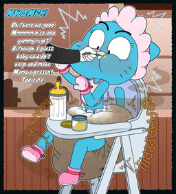 ageplay anthro baby_bonnet baby_bottle baby_food bib big_diaper blush bonnet booties clothing cutlery dialogue diaper disembodied_hand feces female handwear headgear headwear high_chair infantilism kitchen_utensils mittens onomatopoeia oversized_diaper pooping roleplay soiled_diaper soiling soiling_diaper solo sound_effects spoon stink_fumes text tools unclean_diaper used_diaper tenerius cartoon_network the_amazing_world_of_gumball nicole_watterson domestic_cat felid feline felis mammal absurd_res english_text hi_res