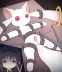 animal_genitalia animal_penis balls bodily_fluids bound duo female feral fur genitals hi_res homura_akemi human imminent_castration incubator_(puella_magi) km-15 kyubey male mammal penis puella_magi puella_magi_madoka_magica red_eyes scissors submissive submissive_male sweat sweatdrop