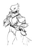 anthro armor beak bottomless breastplate clothed clothing female genitals pussy satchel scarf simple_background solo white_background guoh avian bird 2021 digital_drawing_(artwork) digital_media_(artwork) monochrome sketch