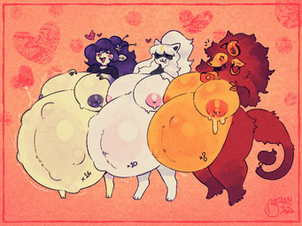anthro aureola belly big_belly big_breasts big_nipples bodily_fluids breasts female group huge_belly huge_breasts hyper hyper_belly hyper_pregnancy lactating nipples pregnant puffy_nipples purple_body red_body standing trio white_body baranarts mythology barani heather_(zevulpes) bovid canid canine caprine deer dragon fox hybrid mammal mythological_creature mythological_scalie scalie sheep 4:3 hi_res
