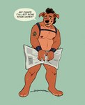 anthro areola arm_tattoo bodily_fluids bottomless claws clothed clothing covering covering_crotch covering_self curly_hair dialogue embarrassed eyebrow_slit eyebrows floppy_ears footprint glistening glistening_areola hair harness leather leather_harness looking_at_viewer male mastectomy_scar mohawk monotone_background multicolored_body newspaper nude partially_clothed pawprint pawprint_tattoo plantigrade scar solo speech_bubble sweat tattoo text two_tone_body wristband angelofalls conditional_dnp angelo_(angelofalls) canid canine canis domestic_dog mammal mixed_breed pitador 2025 artist_name digital_drawing_(artwork) digital_media_(artwork) english_text flat_colors full-length_portrait portrait signature watermark trans_(lore) trans_man_(lore)