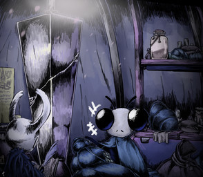 2_horns ambiguous_gender antennae_(anatomy) anthro bag biped black_body black_eyes book cloak clothed clothing container detailed_background duo holding_quill horn jar loose_feather melee_weapon quill robe standing weapon cohavmuzar hollow_knight team_cherry sly_(hollow_knight) the_knight_(hollow_knight) arthropod vessel_(species) 2025 hi_res male_(lore)
