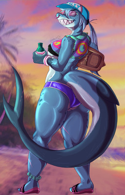 anthro blue_body blue_hair blue_skin breasts clothing crop_top eyewear facial_piercing female fin flip_flops footwear freckled_face freckled_shoulders freckles grin hair holding_glass holding_object nipple_outline nose_piercing nose_ring outside partially_clothed_female piercing ponytail ring_piercing sandals scar sharp_teeth shirt shoes sky smile solo sunglasses sunset swimwear tail tail_fin teeth thick_tail topwear wearing_hat taixra jawlene_(herny) fish marine shark hi_res