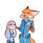 anthro belt bottomwear clothed clothing duo female fully_clothed fur green_eyes grey_body grey_fur male necktie open_mouth orange_body orange_fur pants purple_eyes shirt simple_background topwear white_background strawberry628_(artist) disney zootopia judy_hopps nick_wilde canid canine fox lagomorph leporid mammal rabbit red_fox true_fox 1:1 2020 painting_(artwork) traditional_media_(artwork) watercolor_(artwork)