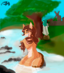 5_fingers anthro basket bath bathing black_nose blue_eyes breasts brown_hair clothing container dress female fingers fur hair humanoid_hands imminent_danger long_hair navel nude on_rock outside plant relaxing river rock silhouette sitting sitting_on_rock skinny_dipping smile solo tan_body tan_fur tree water wet wet_body wet_fur wet_hair missebony harper_(fairdahlia) canid canine canis coyote mammal 2021 digital_media_(artwork) hi_res