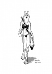 anthro armor belt black_body black_fur black_nose bottomwear bracers claws clothed clothing digitigrade female fur grey_body grey_fur loincloth melee_weapon scabbard simple_background skimpy solo sword weapon white_background wraps scott_ruggels asheru_(setting) soraya canid canine canis mammal wolf 2013 monochrome signature