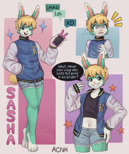 4_toes 5_fingers andromorph anthro blonde_hair bottomwear cellphone chest_binder clothed clothed_anthro clothed_male clothing denim denim_bottomwear denim_clothing denim_shorts dialogue dipstick_ears ear_markings electronics eyebrows eyelashes feet fingers hair hand_in_pocket holding_cellphone holding_object holding_phone intersex jacket looking_at_viewer male midriff multicolored_ears navel one_eye_closed open_mouth open_smile phone pockets shirt short_hair shorts smartphone smile smiling_at_viewer solo speech_bubble talking_to_viewer teeth text toes topwear underwear wink winking_at_viewer artkett1412 animal_crossing nintendo sasha_(animal_crossing) lagomorph leporid mammal rabbit 2025 5:6 english_text hi_res trans_(lore) trans_man_(lore)