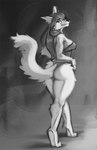 anthro barefoot breasts butt digitigrade eyewear feet female fur glasses hair round_glasses simple_background smile solo standing tail walking temils doggylaw canid canine canis domestic_dog mammal 2020 digital_media_(artwork) monochrome