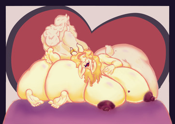 2_horns belly big_belly big_breasts big_butt blonde_hair breasts brown_nipples butt duo female female/female fur hair horn huge_belly huge_breasts huge_butt huge_hips huge_thighs lips lipstick lying makeup mature_female nipples rear_view red_lipstick thick_thighs white_body white_fur white_hair wide_hips moyco undertale undertale_(series) asgore_dreemurr toriel boss_monster_(undertale) bovid caprine goat mammal absurd_res hi_res