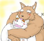 anthro black_nose blush brown_body brown_fur duo fur hug hugging_another hugging_from_behind kemono male male/male overweight overweight_male scar simple_background tongue tongue_out white_body white_fur pochizizi canid canine mammal 2010