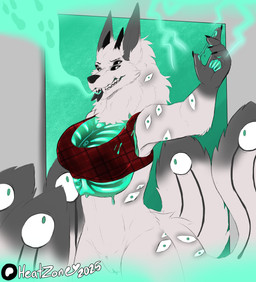 4_eyes anthro bone clothed clothing dripping female horn multi_eye multi_tail nude nude_female slime solo tail torn_clothing wet wet_clothing heatzone iris_(heatzone) canid canine canis hybrid mammal wolf absurd_res hi_res