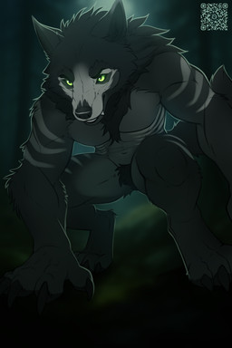 abs anthro black_body black_claws black_fur blurred_background claws crotch_tuft crouching fangs fur green_eyes grey_markings male male_anthro markings muscular navel nude_anthro nude_male outside paws pecs snout solo tail teeth tuft fleki mythology canid canine mammal mythological_canine mythological_creature werecanid werecanine werecreature werewolf colored digital_drawing_(artwork) digital_media_(artwork) hi_res shaded