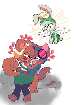 anthro big_eyes biped bodily_fluids brown_body brown_fur clothed clothing eyewear eyewear_on_head female fur goggles goggles_on_head green_eyes group heart_symbol hearts_around_head kissing male male/female saliva saliva_string simple_background smile tail topwear trio young young_anthro young_female young_male cristalyzed murphy_and_mitzi bunny_(ajmarekart) mitzi_(ajmarekart) murphy_(ajmarekart) domestic_cat felid feline felis mammal rodent sciurid tree_squirrel absurd_res hi_res