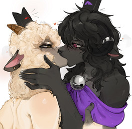 anthro bell black_body black_fur black_hair blush brown_eyes colored_nails duo female female/female fingernails fur hair heart_symbol horizontal_pupils horn horn_jewelry horn_ring jewelry kiss_on_lips kissing nails pink_eyes pupils ring_(jewelry) white_fingernails white_hair white_nails sarulart cult_of_the_lamb massive_monster_(studio) goat_(cult_of_the_lamb) lamb_(cult_of_the_lamb) purple_crown_(cult_of_the_lamb) red_crown_(cult_of_the_lamb) bovid caprine goat mammal sheep 2026 hi_res