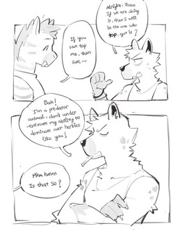 anthro border clothed clothed_anthro clothed_male clothing crossed_arms dialogue duo male male/male male_anthro predator/prey simple_background speech_bubble text white_border shoko_contane equid equine hyena mammal zebra comic english_text greyscale hi_res monochrome