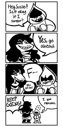 dialogue duo female male profanity text gummymela deltarune undertale_(series) lancer_(deltarune) susie_(deltarune) darkner humanoid lizard reptile scalie 2018 black_and_white comic english_text monochrome