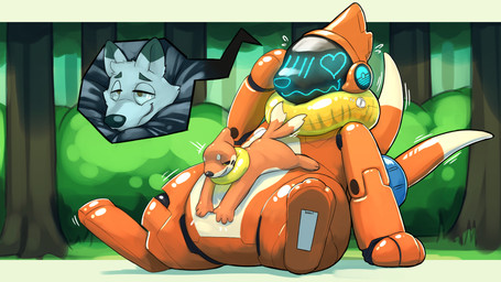 ambiguous_gender anthro black_nose detailed_background dipstick_tail duo fur glistening half-closed_eyes heart_symbol inflatable internal latex machine markings mechsuit narrowed_eyes orange_body orange_fur screen screen_face size_difference smile stuck tail tail_markings white_body white_fur sexotheque nintendo pokemon bluejay_13 arctic_fox buizel canid canine fox generation_4_pokemon mammal pokemon_(species) robot true_fox 16:9 2023 4k absurd_res digital_drawing_(artwork) digital_media_(artwork) hi_res widescreen