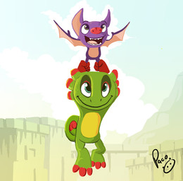 anthro blue_eyes building closed_smile day duo featureless_crotch flying glistening glistening_eyes green_body green_eyes logo male male_anthro membrane_(anatomy) membranous_wings mouth_closed nude open_mouth open_smile outside pink_body pink_tongue pink_wings purple_body smile tongue wings yellow_body pandapaco playtonic_games yooka-laylee laylee yooka bat chameleon lizard mammal reptile scalie artist_logo signature