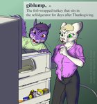 anthro appliance blonde_hair bottle breasts brown_eyes buckteeth cleavage cleavage_cutout clothed clothing container cutout definition disgust duo female fridge fully_clothed fur green_background green_eyes hair keyhole_turtleneck kitchen_appliance purple_body purple_fur purple_hair simple_background sweater tan_body tan_fur teeth text tongue tongue_out topwear turtleneck whiskers cybercorn_entropic sniglets amethyst_du_sciur cynthia_boggs grey_squirrel mammal mouse murid murine rodent sciurid tree_squirrel 2021 english_text