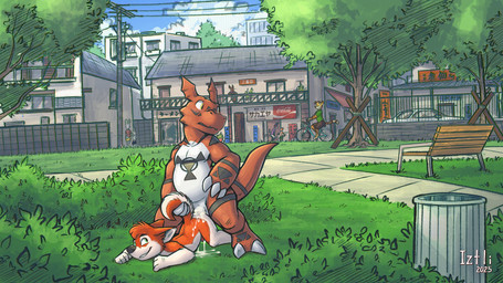 age_difference anthro anthro_on_anthro anthro_penetrated anthro_penetrating anthro_penetrating_anthro ass_up bench bicycle biped bodily_fluids building butt cum cum_drip cum_in_ass cum_inside cum_on_butt day digiphilia doggystyle dripping duo_focus exhibitionism from_behind_position genital_fluids grass grin group interspecies male male/male male_anthro male_penetrated male_penetrating male_penetrating_male nude nude_anthro nude_male older_male outside park park_bench penetration plant public public_nudity public_sex sex smile text urban vehicle young young_anthro young_male young_penetrated younger_male younger_penetrated iztli bandai_namco digimon gauge_(character) iztli_(iztli) alaskan_malamute canid canine canis digimon_(species) domestic_dog guilmon mammal nordic_sled_dog spitz 16:9 2025 artist_name dated hi_res widescreen