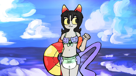 arm_floatie armwear beach bikini bikini_top black_hair cat_print_bra cat_print_diaper clothing cloud detailed_background diaper female hair horn pool_float pool_floaty pool_toy sea solo sunny swimwear two-piece_swimsuit water fluff_pampz homestuck ms_paint_adventures nepeta_leijon alien animal_humanoid cat_humanoid felid felid_humanoid feline feline_humanoid humanoid mammal mammal_humanoid troll_(homestuck) 16:9 4k absurd_res hi_res widescreen
