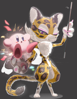 ambiguous_gender anthro biped blush blush_stickers brown_body brown_fur claws countershading digitigrade dipstick_tail duo eyeshadow female floating fluffy_body fur glistening glistening_body glistening_fur gloves_(marking) grey_background handpaw holding_another holding_object holding_wand leg_markings looking_at_another magic_trick makeup markings motion_lines multicolored_body multicolored_fur one_eye_closed open_mouth pawpads paws pink_body pink_claws pink_eyeshadow pink_pawpads pupils purple_eyes raised_arm red_body simple_background smile smoke socks_(marking) sparkles sparkling_eyes spots spotted_body spotted_fur spotted_markings spotted_tail standing surprised tail tail_markings three-quarter_view wand white_body white_fur white_pupils yellow_body yellow_fur yellow_sclera zakobennki kirby_(series) kirby_and_the_forgotten_land nintendo clawroline kirby alien felid leopard mammal pantherine waddling_head 2025 digital_drawing_(artwork) digital_media_(artwork) hi_res