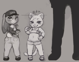 anthro baseball_cap blush bottomwear butt candy clothed clothing comparing crop_top denim denim_bottomwear denim_clothing dessert duo eyebrows female flat_chested food footwear freckles grey_background hand_on_hip hat headgear headwear jeans loli lollipop looking_at_viewer looking_back navel open_mouth pants raised_eyebrows sandals shirt shoes short simple_background size_difference skimpy smile standing text text_on_baseball_cap text_on_clothing text_on_hat text_on_headwear tongue tongue_out topwear young young_anthro young_female crookedtrees domestic_cat felid feline felis human lagomorph leporid mammal rabbit 2018 greyscale monochrome